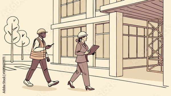 Obraz Two construction workers walking near a building one using a smartphone and the other holding a clipboard.