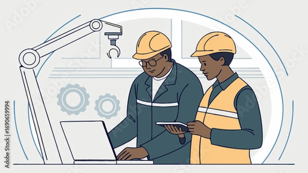 Obraz Two engineers collaborating on a project using a laptop and digital tablet in a modern industrial setting.