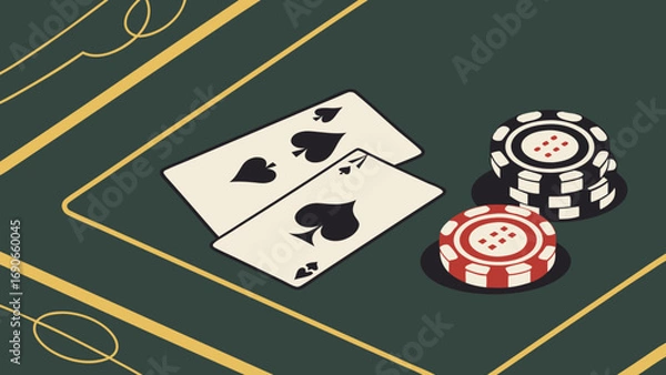 Obraz Two playing cards and casino chips on a table.