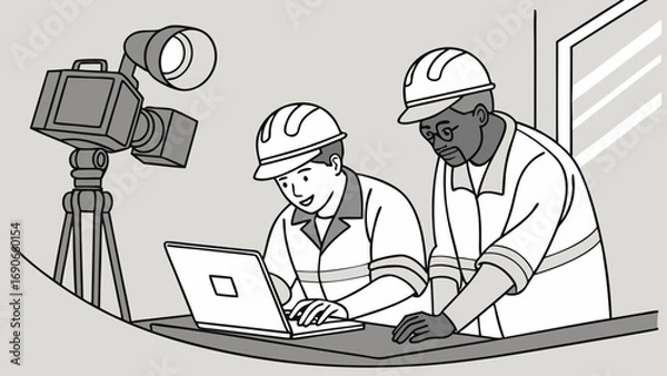 Obraz Two Workers Reviewing Footage on Laptop with Camera Equipment.