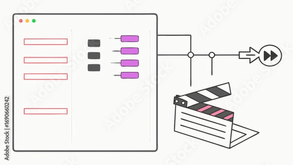 Obraz Video editing software interface with clapperboard and fast forward button illustration.