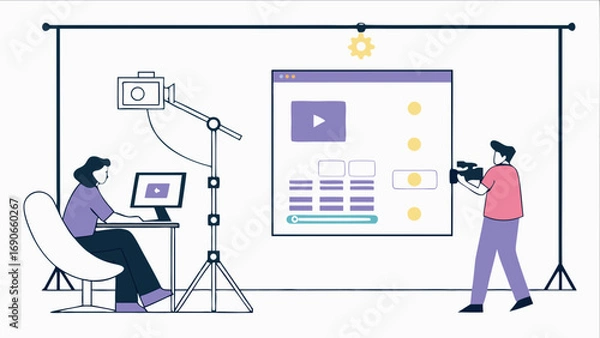 Obraz Video Production Studio Filmmaking Team Content Creation Illustration Online Video Editing Digital Media Video Recording Broadcasting Streaming Studio Setup Film Crew Video Production Workflow Online.