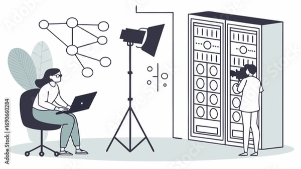Obraz Video Production Studio Filmmaking Team Content Creation Digital Media Server Room Online Broadcasting Technology Illustration.