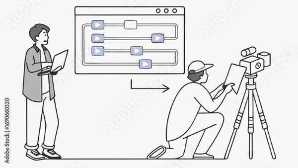 Obraz Video Production Workflow Filmmaking Team Collaboration Video Editing Process Content Creation Digital Media Illustration.