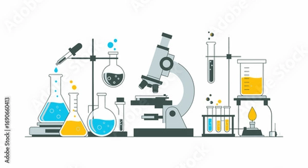 Fototapeta Science Lab Equipment Beakers Microscope and Test Tubes with Colorful Liquids.