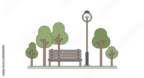 Fototapeta Simple Park Scene with Bench Trees and Streetlight Illustration.