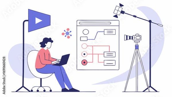 Obraz Video Production Online Course Tutorial Webinar Studio Setup Content Creator Filmmaking Broadcasting Digital Marketing Remote Work Technology Illustration.