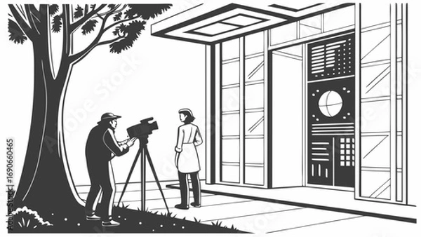 Obraz Vintage Filmmaking Scene Cameraman and Subject in Black and White Illustration.