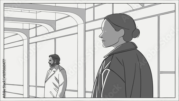 Obraz Waiting Figures in Modern Architecture Monochrome Illustration.