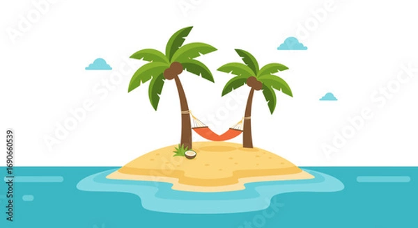 Fototapeta Tropical Island Getaway with Palm Trees and Hammock Illustration.