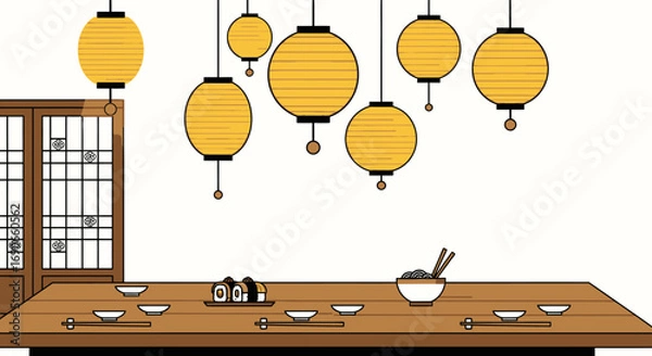 Fototapeta Asian Dining Scene with Lanterns Sushi Noodles and Table Setting.