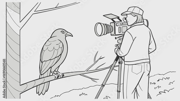 Obraz Wildlife Filmmaking Cameraman Filming a Bird on a Branch in Black and White Illustration.