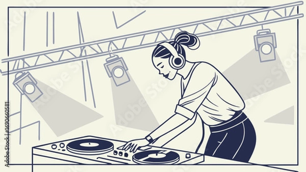 Obraz Woman DJing at a Music Event Line Art Illustration.