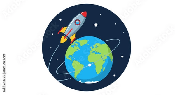Fototapeta Cartoon Rocket Launching from Earth with Orbiting Rings and Starry Background.