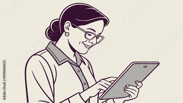 Obraz Woman using a tablet computer digital device modern technology simple illustration line art vector graphics business professional communication online internet app application website social media el.