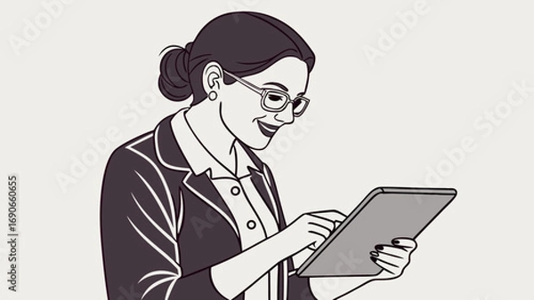 Obraz Woman using tablet digital device technology illustration modern business professional stylish elegant simple minimalist graphic design vector art black and white monochrome portrait female happy smi.