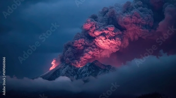 Fototapeta Volcanic Mountain Eruption with Pink and Gray Smoke Exploding From Summit During Night