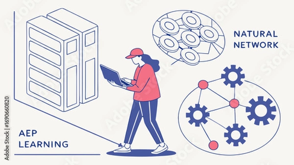 Obraz Working woman using laptop AI machine learning network concept illustration.