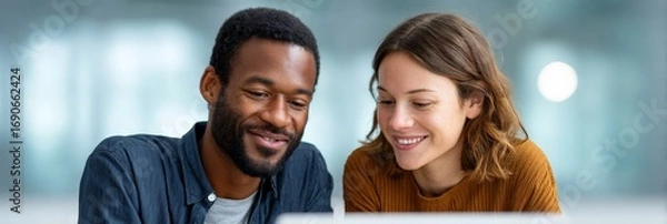 Fototapeta Young professionals collaborating on laptop, smiling while working together in bright modern office, representing innovative teamwork and digital technology development