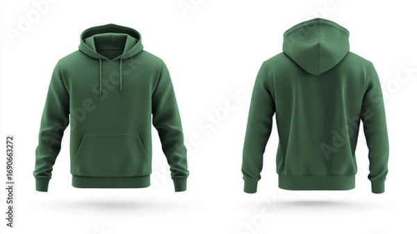 Fototapeta Blank green hoodie mockup template, front and back views, isolated on white for sweatshirt or tee design presentation.