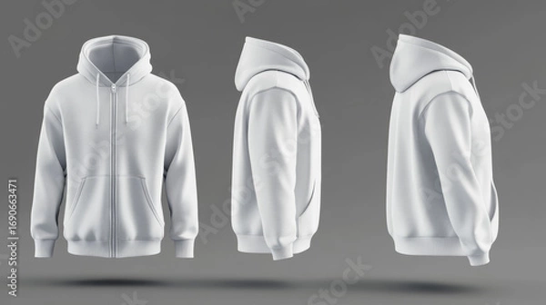 Fototapeta 3D-rendered blank hooded sweatshirt mockup with zipper, shown in front, side, and back views