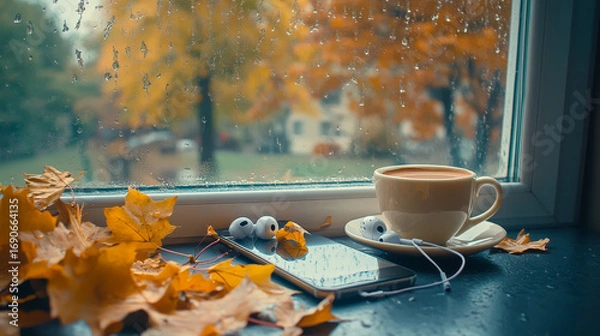 Fototapeta Cup of coffee or tea with smartphone and earbuds, surrounded by autumn leaves by a window—perfect for an autumn playlist concept