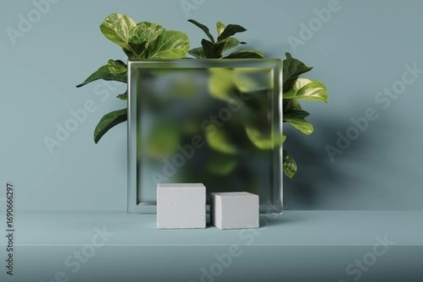Fototapeta Modern abstract composition with frosted glass frame, green leaves and geometric cubes, 3D render