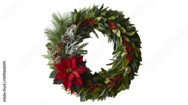 Fototapeta Beautiful christmas wreath with red poinsettia and pinecones isolated on transparent background