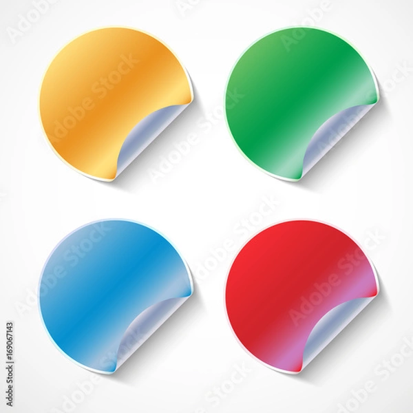 Fototapeta Collection of colored curled sticky stickers - red, blue, yellow, green. Round banner, 3D illustration template for your design on white background.
