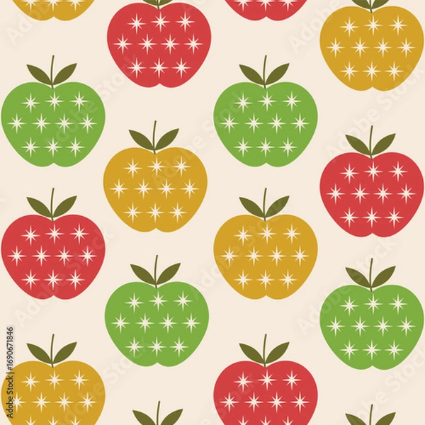 Fototapeta Cute Apple with Mid Century Atomic Starbursts seamless pattern in red, lime green and mustard yellow on light cream background. For kitchen décor, wallpaper and fabric