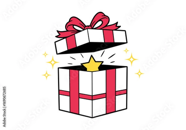 Fototapeta Open gift box with red ribbon bow and golden sparkling star vector illustration
