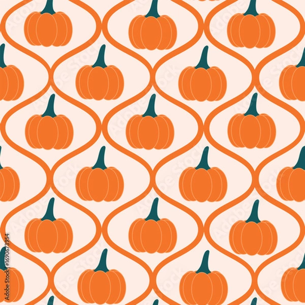 Fototapeta Orange retro pumpkins seamless pattern on vintage ogee on cream background. For autumn print, home décor and fabric