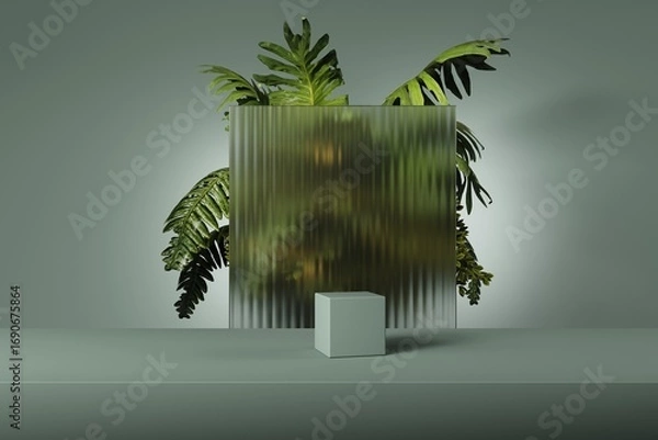 Fototapeta Abstract 3D render with frosted glass panel, tropical leaves and geometric cube