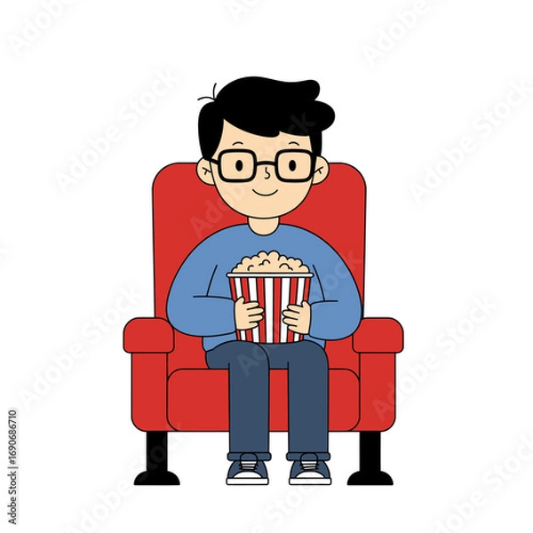 Fototapeta Man Enjoying Movie and Popcorn in Theater Seat Illustration
