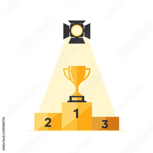 Fototapeta Golden trophy cup on a winner's podium illuminated by a bright spotlight, symbolizing first place victory, success, and achievement