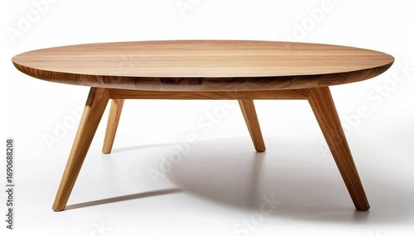 Fototapeta modern round wooden table with three angled legs on white background