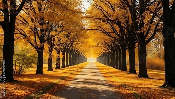 Fototapeta Tree-lined autumn pathway with golden leaves leading to a softly focused horizon under golden hour light.