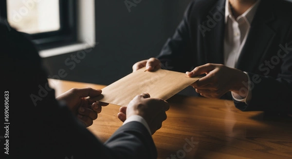 Fototapeta Two individuals in suits conduct a secret transaction, exchanging a brown envelope across a wooden table in a dimly lit, somber atmosphere of intrigue and mystery.