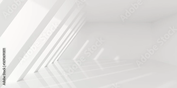 Fototapeta Empty blank white room background with array of angled pillars and sunlight, modern interior template