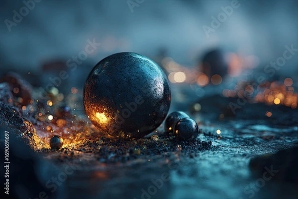 Obraz Dark, glowing spheres on a textured surface