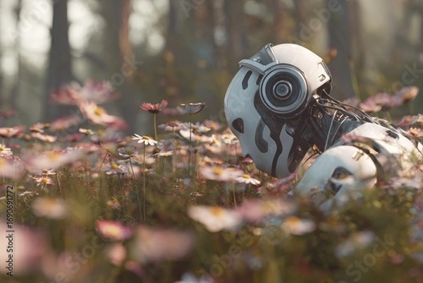 Obraz Futuristic robot in a field of flowers