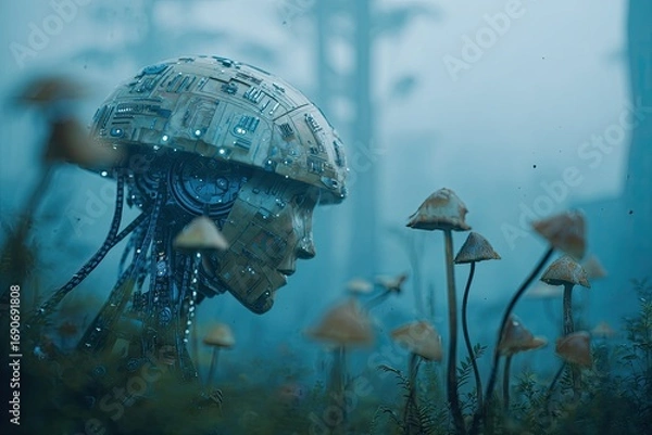 Obraz A robot in a misty forest