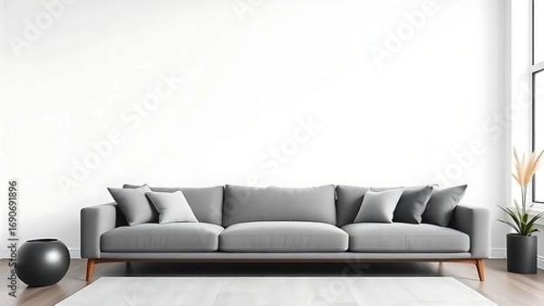 Fototapeta Minimalist living room with gray sofa and pillows, bathed in soft diffused light.