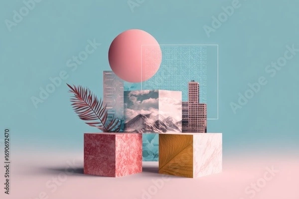 Obraz Abstract geometric composition with pastel colors and layered imagery