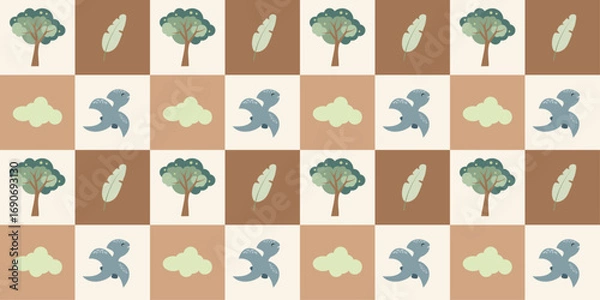 Fototapeta Cute dinosaurs checkerboard pattern. Jungle dinosaurs animal seamless pattern. Safari dinosaurs and tropical plants. Perfect for fabrics, print, textile, wallpaper, decor.