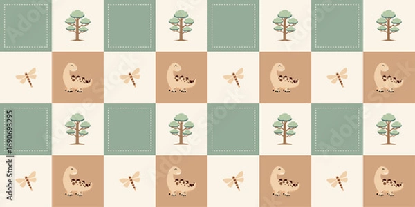 Fototapeta Cute dinosaurs checkerboard pattern. Jungle dinosaurs animal seamless pattern. Safari dinosaurs and tropical plants. Perfect for fabrics, print, textile, wallpaper, decor.