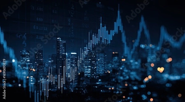 Obraz Night city skyline with financial charts
