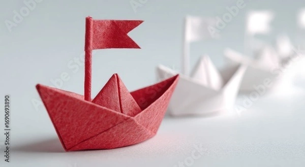 Obraz Red origami boat leading a row of white boats (2)