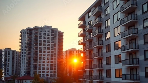Fototapeta A modern apartment complex with geometric architecture glowing under the warm hues of a sunset.