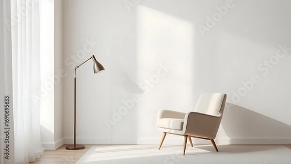 Fototapeta A minimalist living room corner featuring a modern armchair and floor lamp in neutral tones.